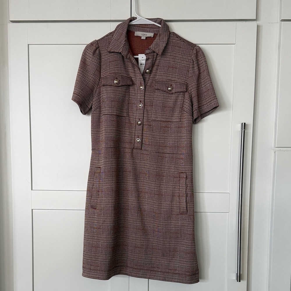 LOFT Plaid Mini Dress in Brown and Red